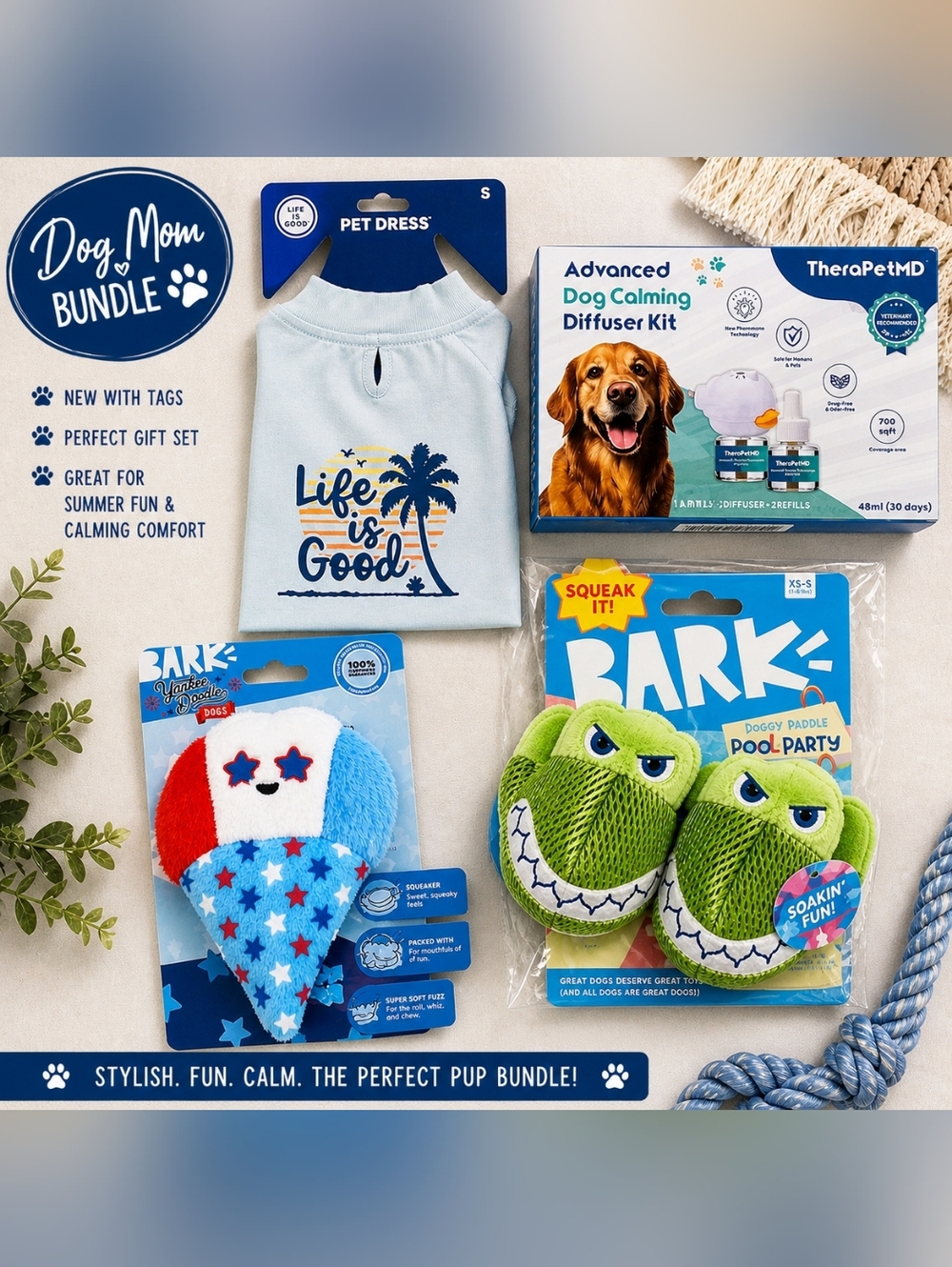 Dog Mom Bundle Life Is Good Pet Dress Small + Bark Toys + TherPetMD Calming Kit